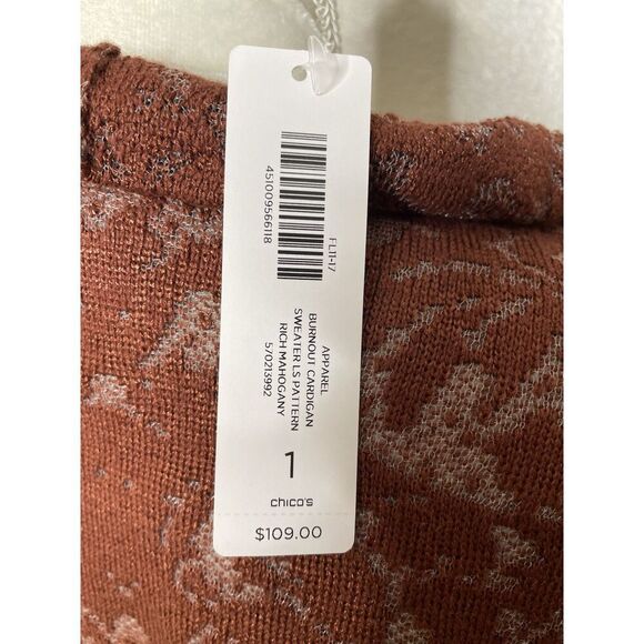 Chico's Size 1 S Burnout Cardigan Rich Mahogany Knit Ruffle Open Front NEW $109 - Picture 6 of 12